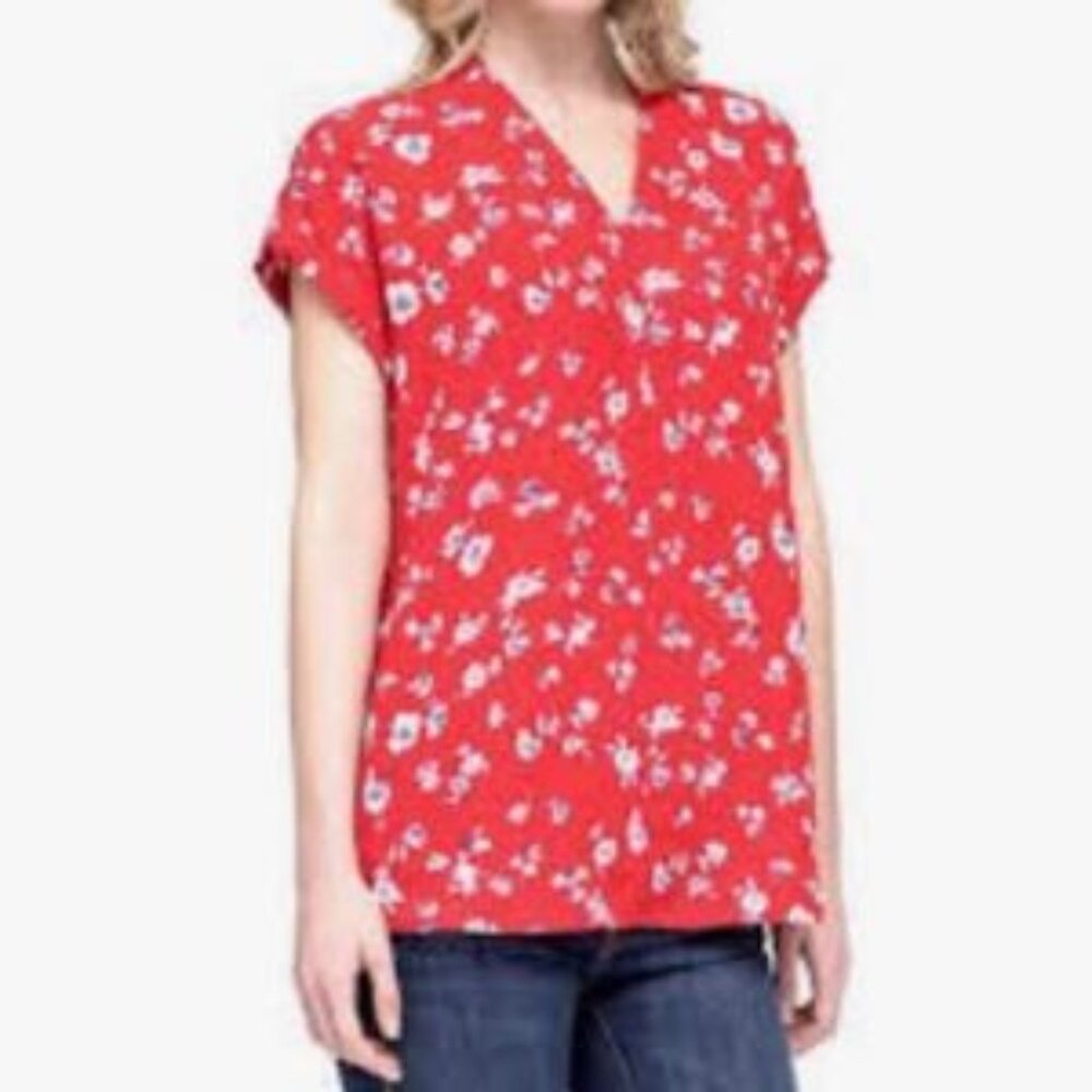 Pleione Floral Blouse Red Short Sleeve Women’s XL Lightweight Popover Tunic